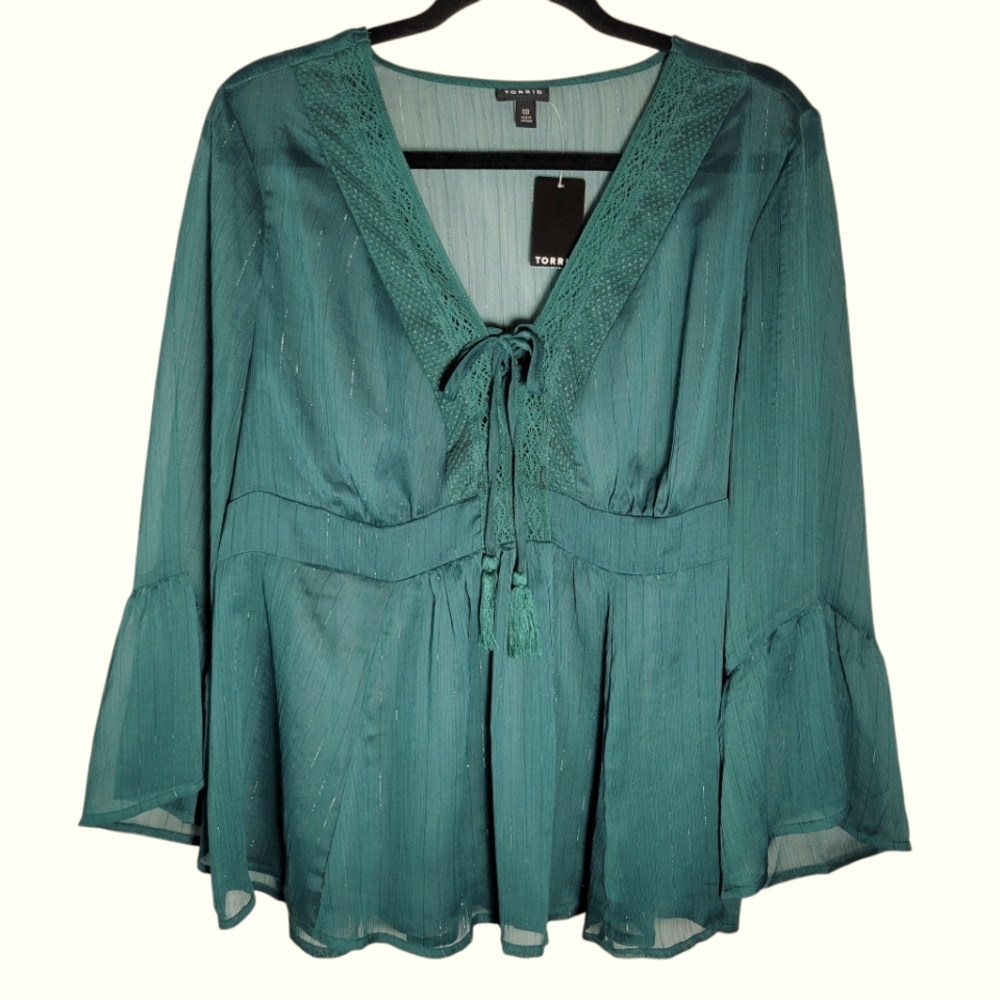 Torrid green sheer bell sleeve boho top Size 00/ML NWT